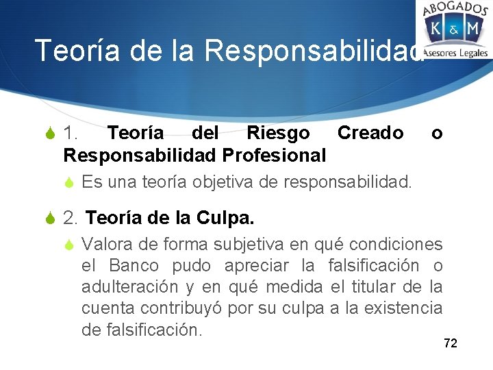 Teoría de la Responsabilidad S 1. Teoría del Riesgo Creado Responsabilidad Profesional o S