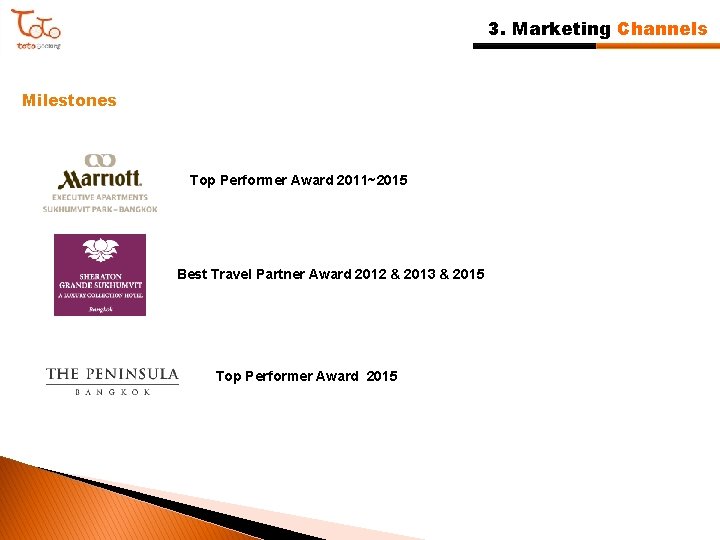 3. Marketing Channels Milestones Top Performer Award 2011~2015 Best Travel Partner Award 2012 &