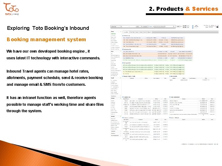 2. Products & Services Exploring Toto Booking’s Inbound Booking management system We have our