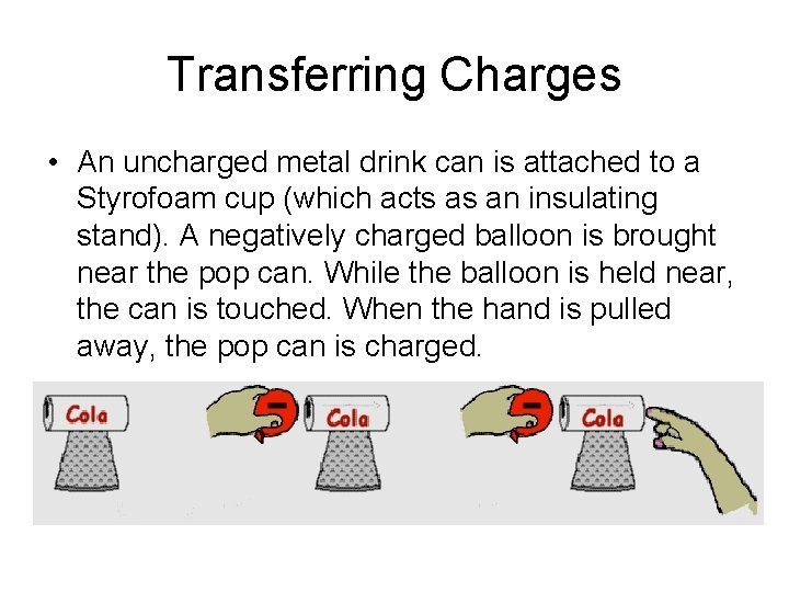 Transferring Charges • An uncharged metal drink can is attached to a Styrofoam cup