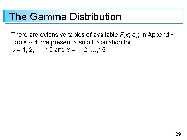 The Gamma Distribution There are extensive tables of available F(x; a); in Appendix Table