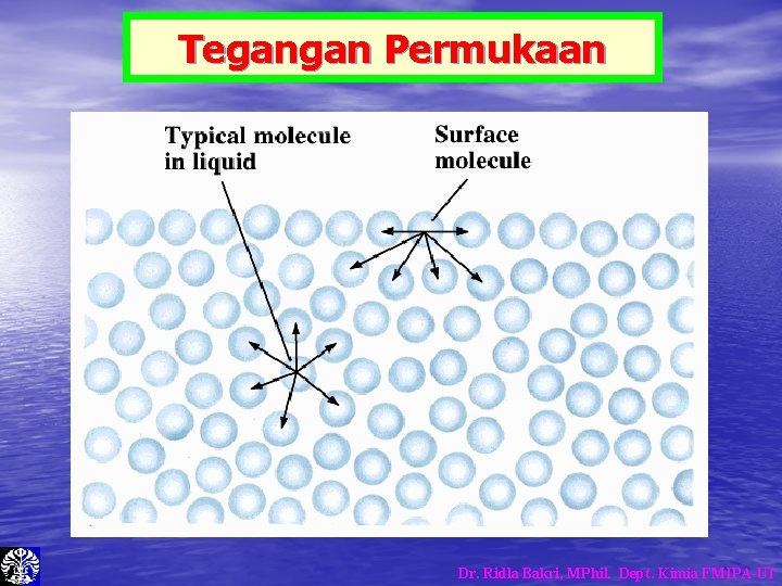 Tegangan Permukaan Dr. Ridla Bakri, MPhil. Dept. Kimia FMIPA-UI Tegangan Permukaan Dr. Ridla Bakri, MPhil. Dept. Kimia FMIPA-UI