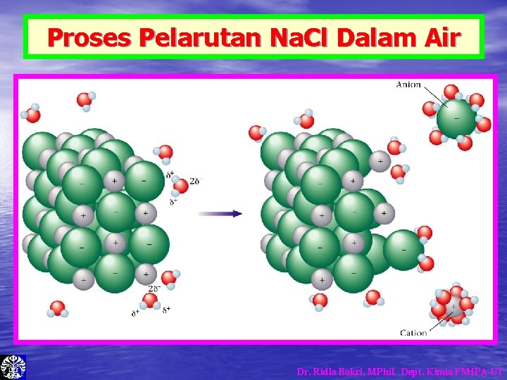 Proses Pelarutan Na. Cl Dalam Air Dr. Ridla Bakri, MPhil. Dept. Kimia FMIPA-UI Proses Pelarutan Na. Cl Dalam Air Dr. Ridla Bakri, MPhil. Dept. Kimia FMIPA-UI