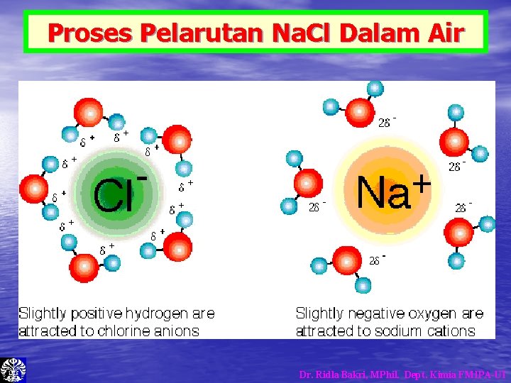 Proses Pelarutan Na. Cl Dalam Air Dr. Ridla Bakri, MPhil. Dept. Kimia FMIPA-UI Proses Pelarutan Na. Cl Dalam Air Dr. Ridla Bakri, MPhil. Dept. Kimia FMIPA-UI