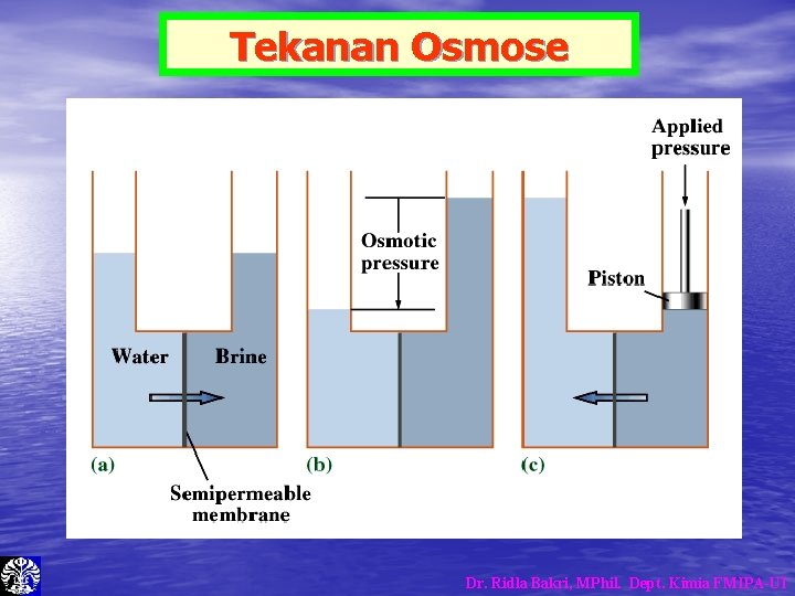 Tekanan Osmose Dr. Ridla Bakri, MPhil. Dept. Kimia FMIPA-UI Tekanan Osmose Dr. Ridla Bakri, MPhil. Dept. Kimia FMIPA-UI