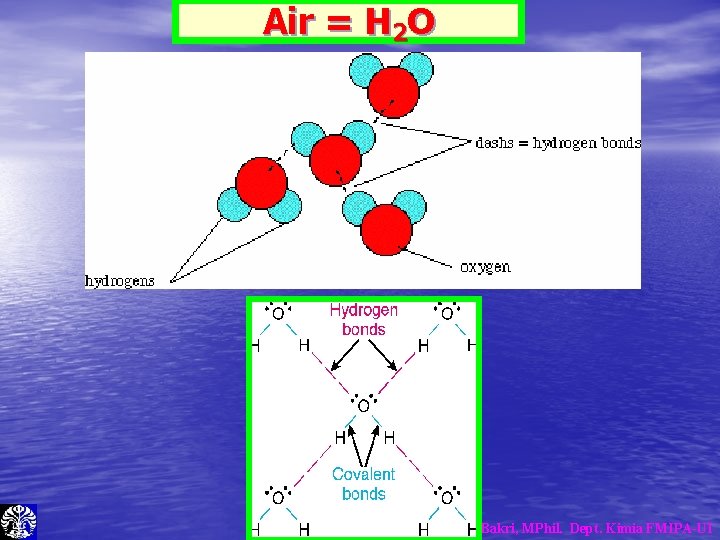 Air = H 2 O Dr. Ridla Bakri, MPhil. Dept. Kimia FMIPA-UI Air = H 2 O Dr. Ridla Bakri, MPhil. Dept. Kimia FMIPA-UI