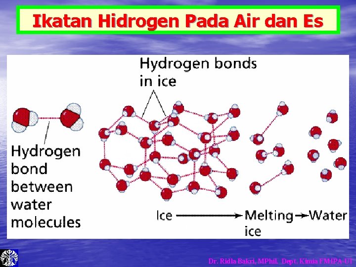 Ikatan Hidrogen Pada Air dan Es Dr. Ridla Bakri, MPhil. Dept. Kimia FMIPA-UI Ikatan Hidrogen Pada Air dan Es Dr. Ridla Bakri, MPhil. Dept. Kimia FMIPA-UI