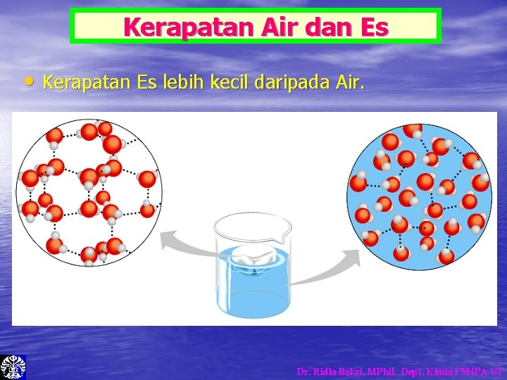 Kerapatan Air dan Es • Kerapatan Es lebih kecil daripada Air. Dr. Ridla Bakri, Kerapatan Air dan Es • Kerapatan Es lebih kecil daripada Air. Dr. Ridla Bakri,