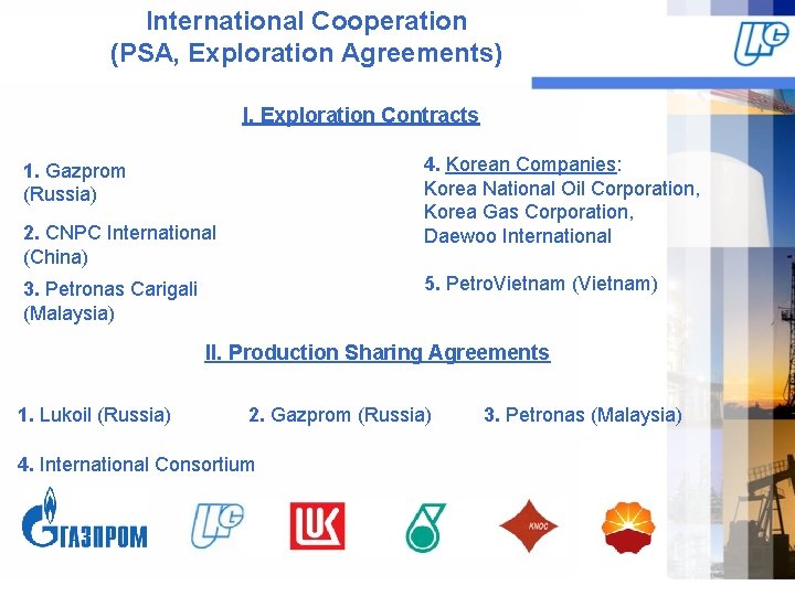 International Cooperation (PSA, Exploration Agreements) I. Exploration Contracts 4. Korean Companies: Korea National Oil