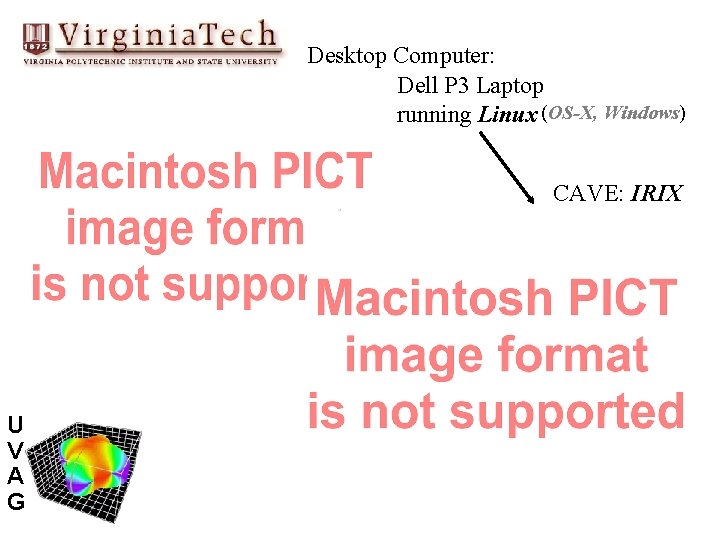 Desktop Computer: Dell P 3 Laptop running Linux (OS-X, Windows) CAVE: IRIX U V