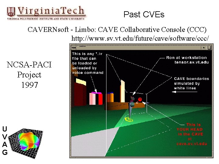 Past CVEs CAVERNsoft - Limbo: CAVE Collaborative Console (CCC) http: //www. sv. vt. edu/future/cave/software/ccc/