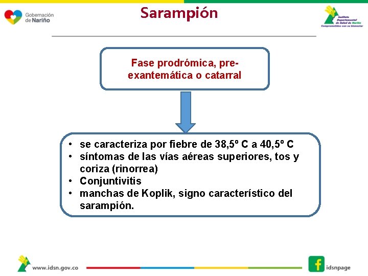 Sarampión Fase prodrómica, preexantemática o catarral • se caracteriza por fiebre de 38, 5º