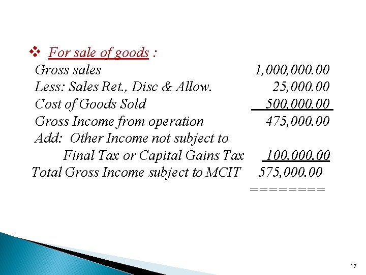 v For sale of goods : Gross sales 1, 000. 00 Less: Sales Ret.