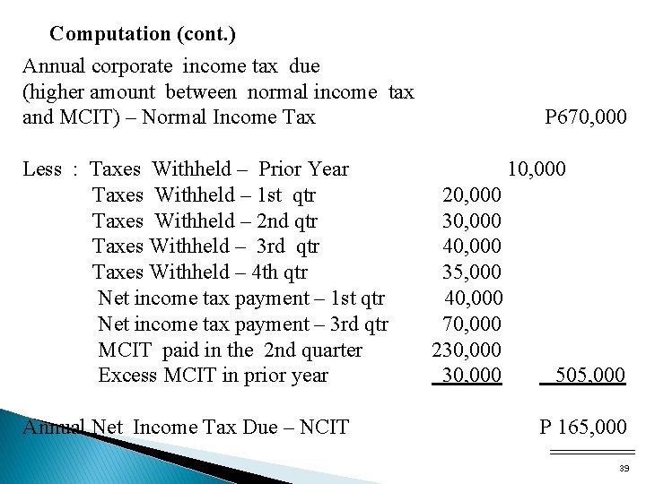Computation (cont. ) Annual corporate income tax due (higher amount between normal income tax