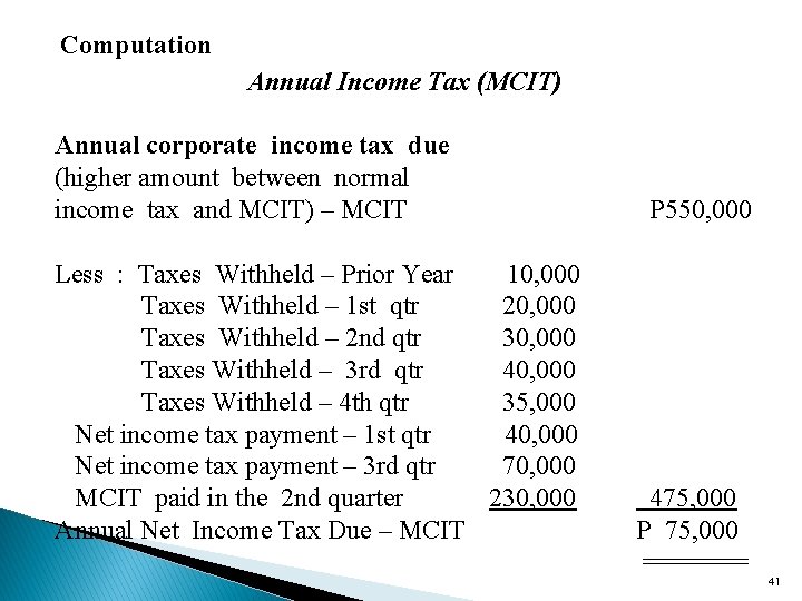 Computation Annual Income Tax (MCIT) Annual corporate income tax due (higher amount between normal