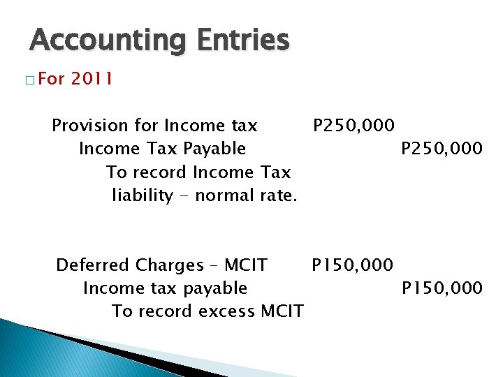 Accounting Entries � For 2011 Provision for Income tax P 250, 000 Income Tax