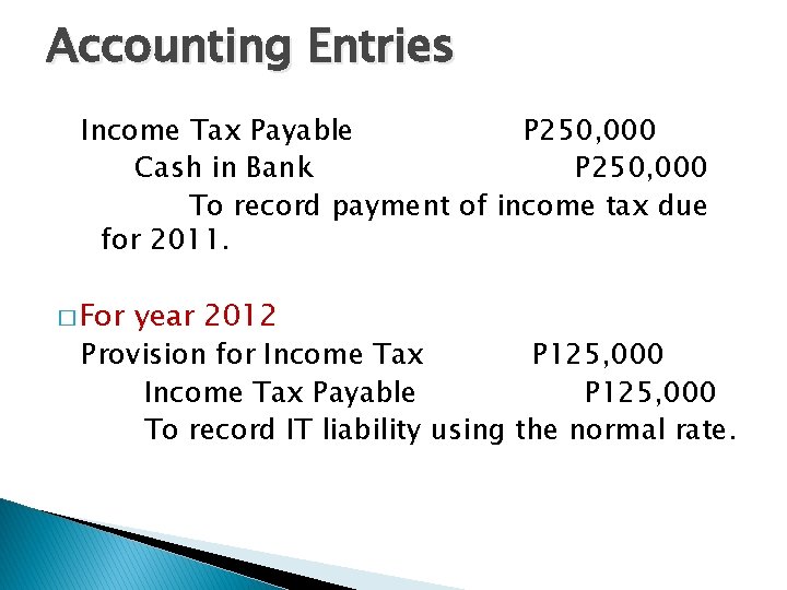 Accounting Entries Income Tax Payable P 250, 000 Cash in Bank P 250, 000