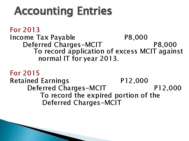 Accounting Entries For 2013 Income Tax Payable P 8, 000 Deferred Charges-MCIT P 8,