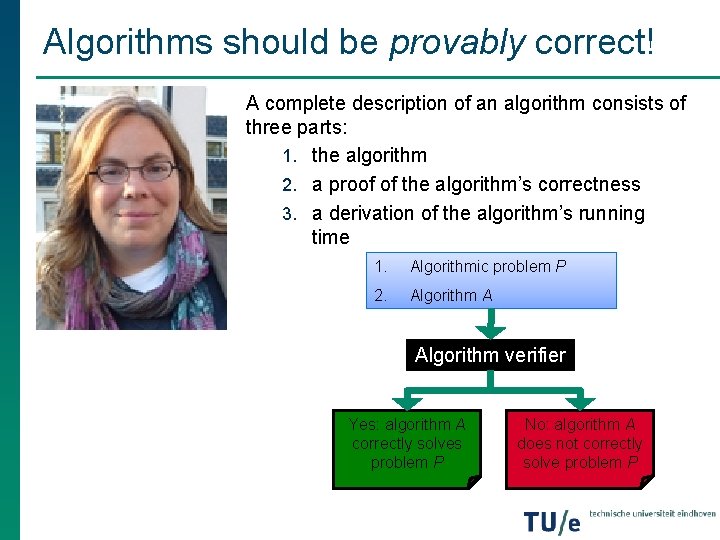 Algorithms should be provably correct! A complete description of an algorithm consists of three