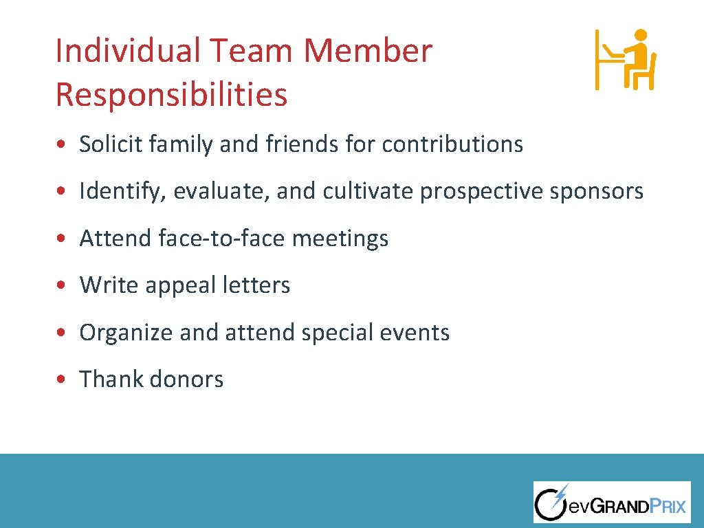 Individual Team Member Responsibilities • Solicit family and friends for contributions • Identify, evaluate,