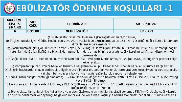 NEBÜLİZATÖR ÖDENME KOŞULLARI -1 MALZEME LİSTESİ SIRA NO 6 SUT KODU ÜRÜNÜN ADI SUT