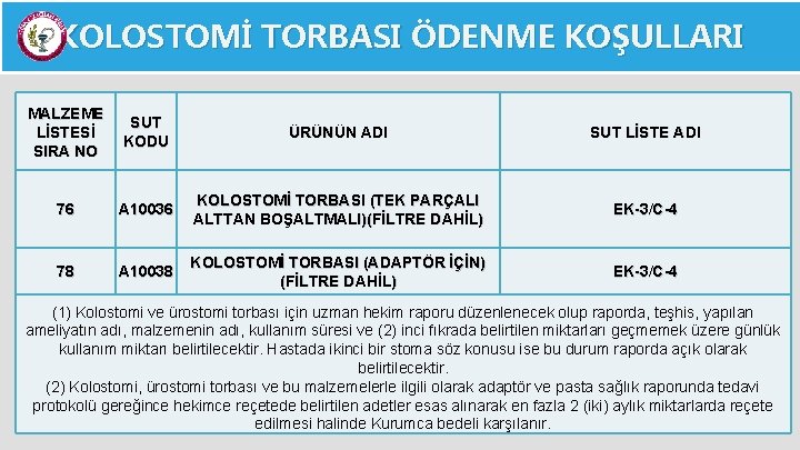 KOLOSTOMİ TORBASI ÖDENME KOŞULLARI MALZEME LİSTESİ SIRA NO SUT KODU ÜRÜNÜN ADI SUT LİSTE