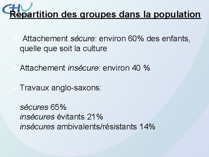 Répartition des groupes dans la population Ø Attachement sécure: environ 60% des enfants, quelle