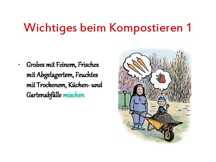 Wichtiges beim Kompostieren 1 • Grobes mit Feinem, Frisches mit Abgelagertem, Feuchtes mit Trockenem,