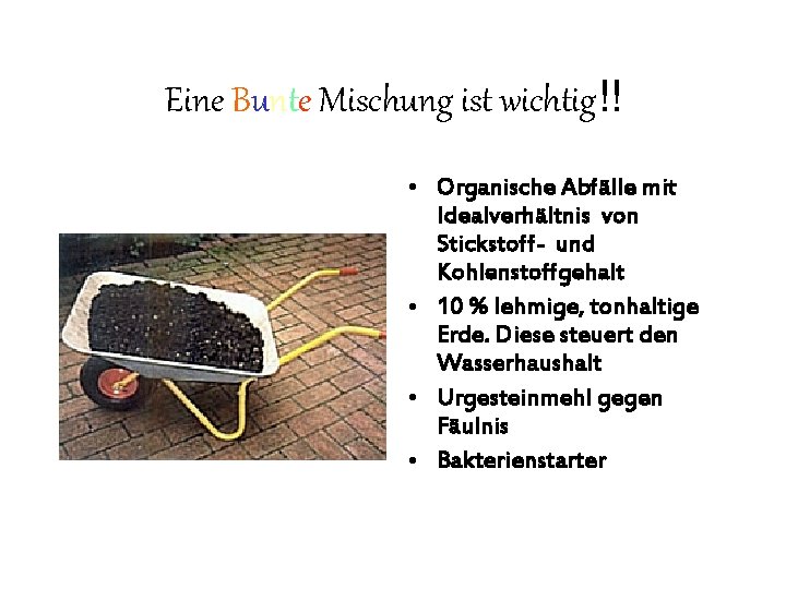 Eine Bunte Mischung ist wichtig!! • Organische Abfälle mit Idealverhältnis von Stickstoff- und Kohlenstoffgehalt