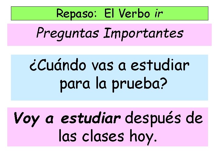 Repaso: El Verbo ir Preguntas Importantes ¿Cuándo vas a estudiar para la prueba? Voy Repaso: El Verbo ir Preguntas Importantes ¿Cuándo vas a estudiar para la prueba? Voy