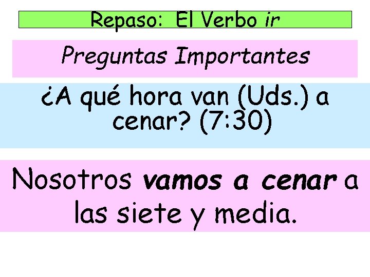 Repaso: El Verbo ir Preguntas Importantes ¿A qué hora van (Uds. ) a cenar? Repaso: El Verbo ir Preguntas Importantes ¿A qué hora van (Uds. ) a cenar?