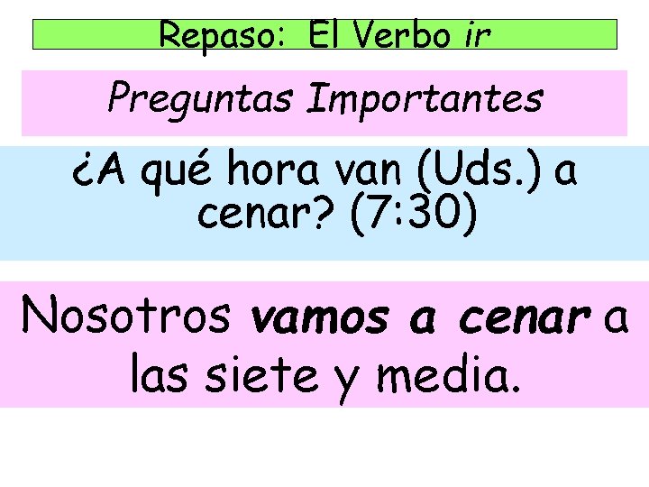 Repaso: El Verbo ir Preguntas Importantes ¿A qué hora van (Uds. ) a cenar?