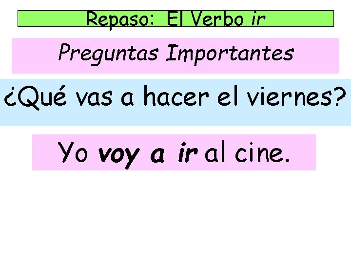 Repaso: El Verbo ir Preguntas Importantes ¿Qué vas a hacer el viernes? Yo voy