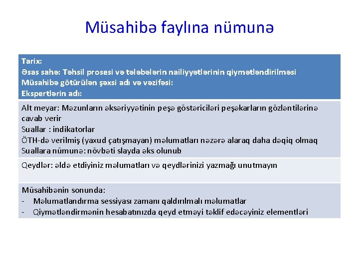 Müsahibə faylına nümunə Tarix: Əsas sahə: Təhsil prosesi və tələbələrin nailiyyətlərinin qiymətləndirilməsi Müsahibə götürülən