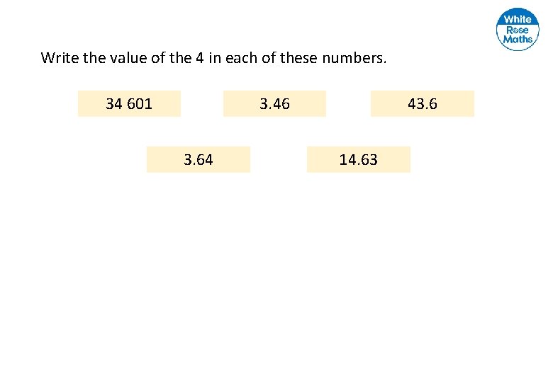 Write the value of the 4 in each of these numbers. 43. 6 3.