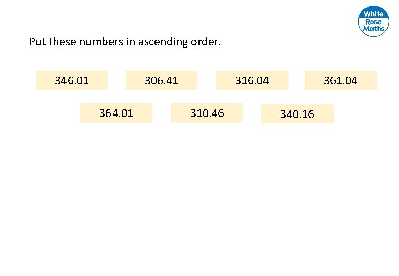 Put these numbers in ascending order. 346. 01 306. 41 364. 01 316. 04