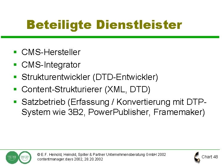 Beteiligte Dienstleister § § § CMS-Hersteller CMS-Integrator Strukturentwickler (DTD-Entwickler) Content-Strukturierer (XML, DTD) Satzbetrieb (Erfassung