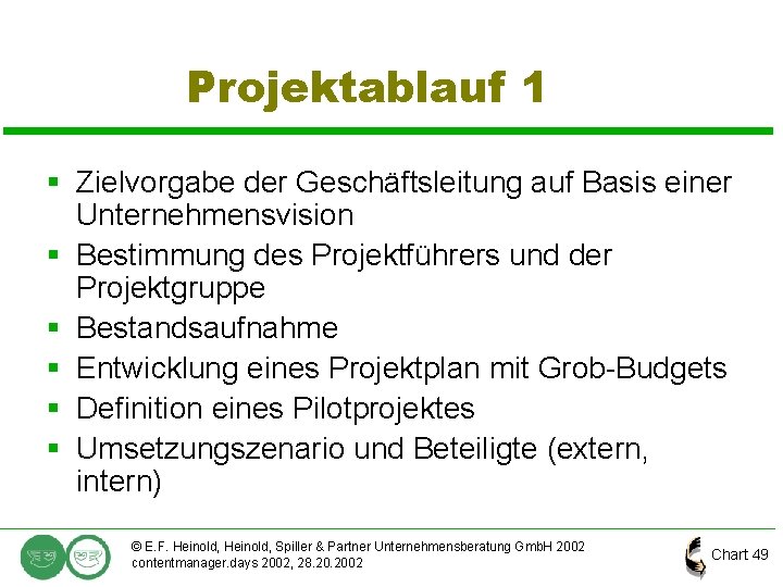 Projektablauf 1 § Zielvorgabe der Geschäftsleitung auf Basis einer Unternehmensvision § Bestimmung des Projektführers