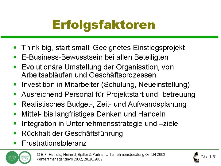 Erfolgsfaktoren § Think big, start small: Geeignetes Einstiegsprojekt § E-Business-Bewusstsein bei allen Beteiligten §