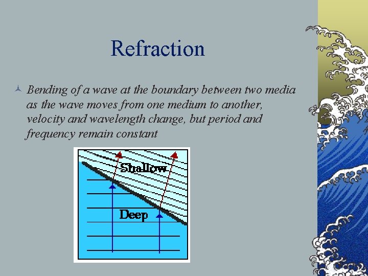 Refraction © Bending of a wave at the boundary between two media as the