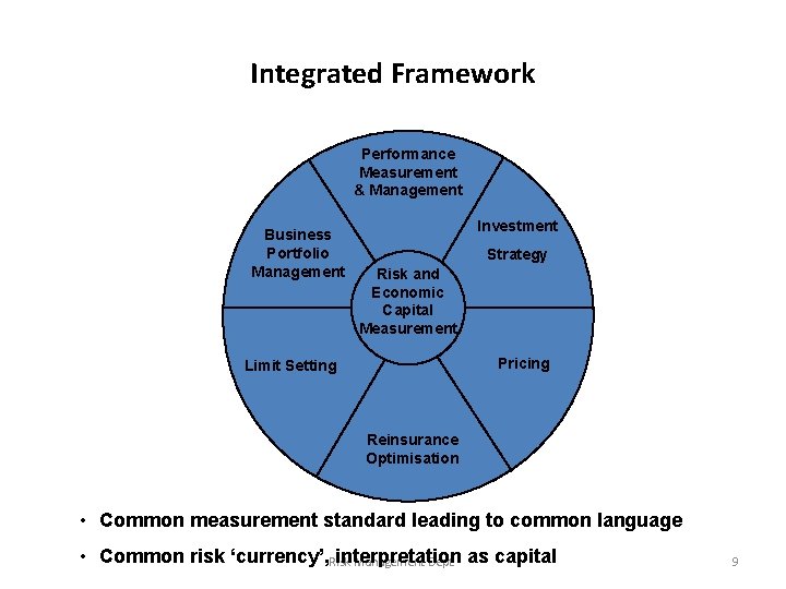 Integrated Framework Performance Measurement & Management Business Portfolio Management Investment Strategy Risk and Economic