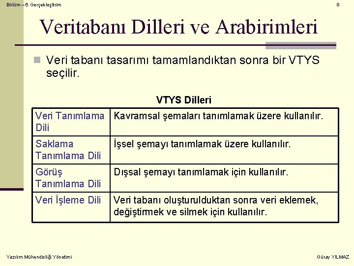 Bölüm – 6 Gerçekleştirim 8 Veritabanı Dilleri ve Arabirimleri n Veri tabanı tasarımı tamamlandıktan