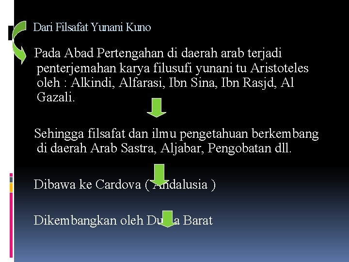 Dari Filsafat Yunani Kuno Pada Abad Pertengahan di daerah arab terjadi penterjemahan karya filusufi