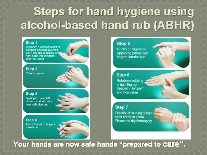 Steps for hand hygiene using alcohol-based hand rub (ABHR) Your hands are now safe Steps for hand hygiene using alcohol-based hand rub (ABHR) Your hands are now safe