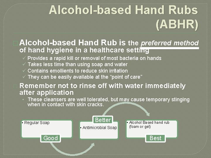 Alcohol-based Hand Rubs (ABHR) � Alcohol-based Hand Rub is the preferred method of hand Alcohol-based Hand Rubs (ABHR) � Alcohol-based Hand Rub is the preferred method of hand