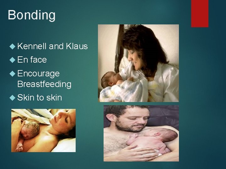 Bonding Kennell and Klaus En face Encourage Breastfeeding Skin to skin 