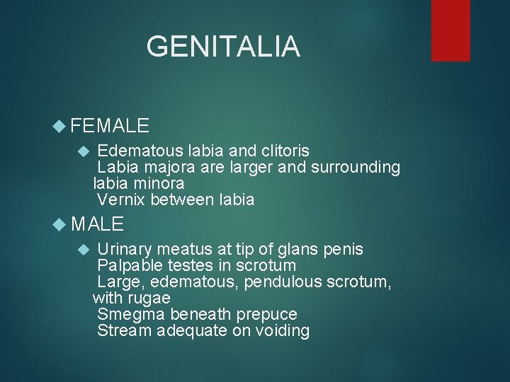 GENITALIA FEMALE Edematous labia and clitoris Labia majora are larger and surrounding labia minora