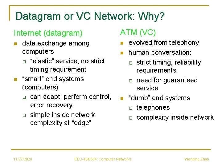 Datagram or VC Network: Why? Internet (datagram) n n data exchange among computers q