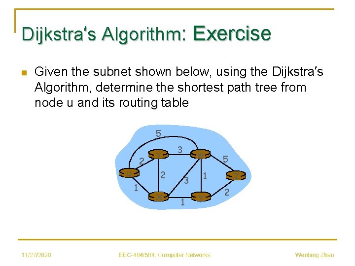 Dijkstra’s Algorithm: Exercise n Given the subnet shown below, using the Dijkstra’s Algorithm, determine