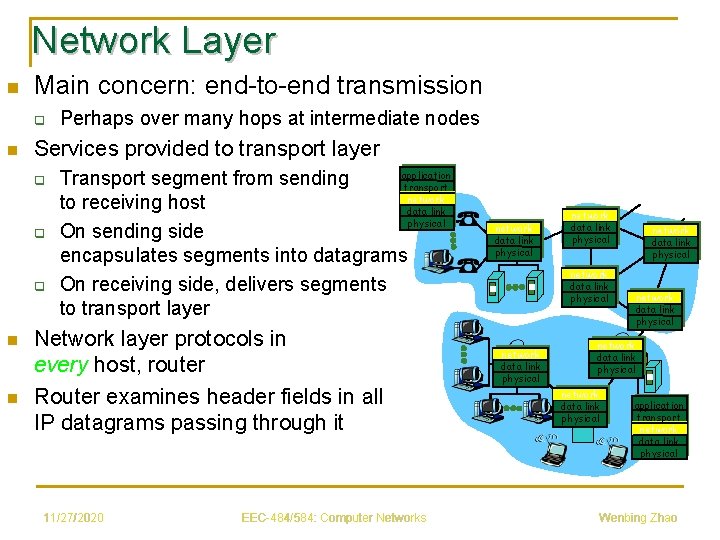 Network Layer n Main concern: end-to-end transmission q n Services provided to transport layer